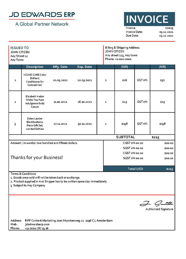 USA JD invoice template PSD template